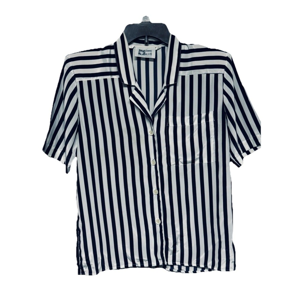 Vintage Anne Klein Navy White Striped Button Up Blouse w Shoulder Pads Size 4
